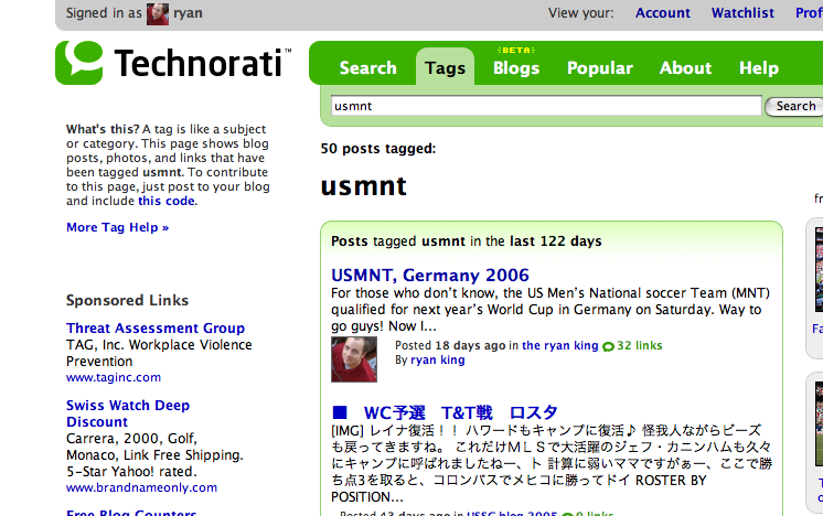 Technorati Tag Page for USMNT